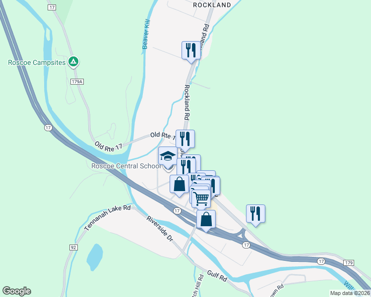 map of restaurants, bars, coffee shops, grocery stores, and more near 2012 Old Route 17 in Roscoe