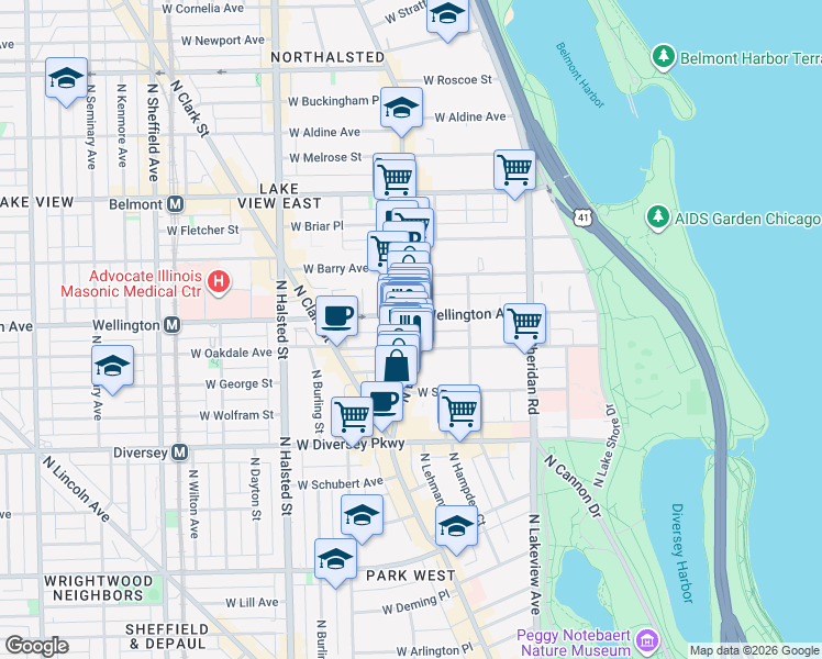 map of restaurants, bars, coffee shops, grocery stores, and more near 2939 North Broadway in Chicago