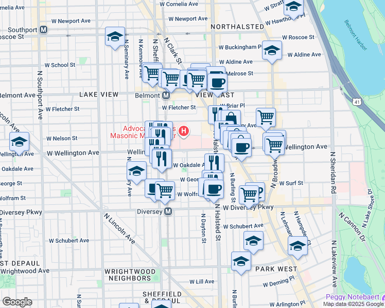 map of restaurants, bars, coffee shops, grocery stores, and more near 850 West Oakdale Avenue in Chicago
