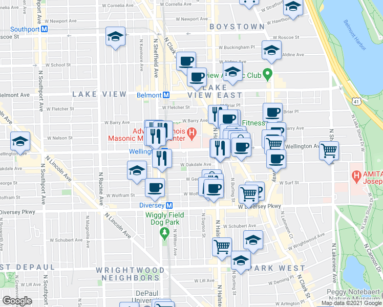 map of restaurants, bars, coffee shops, grocery stores, and more near 850 West Oakdale Avenue in Chicago