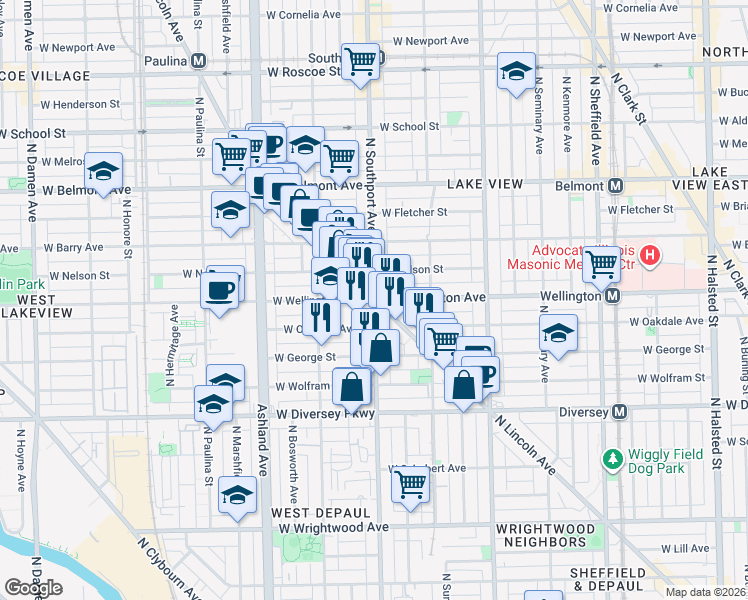 map of restaurants, bars, coffee shops, grocery stores, and more near 2954 North Lincoln Avenue in Chicago