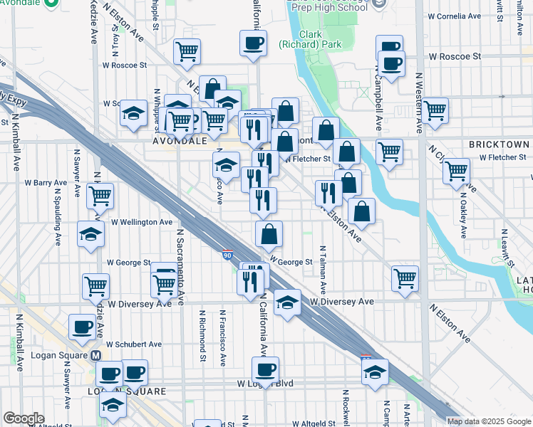 map of restaurants, bars, coffee shops, grocery stores, and more near 2959 North California Avenue in Chicago