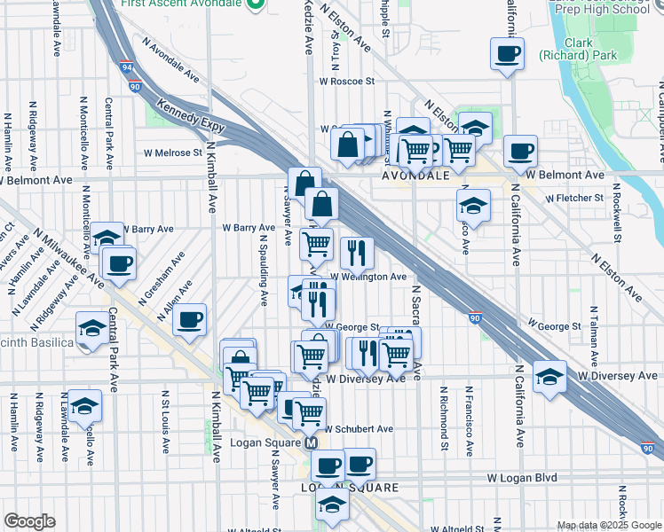 map of restaurants, bars, coffee shops, grocery stores, and more near 2954 North Troy Street in Chicago
