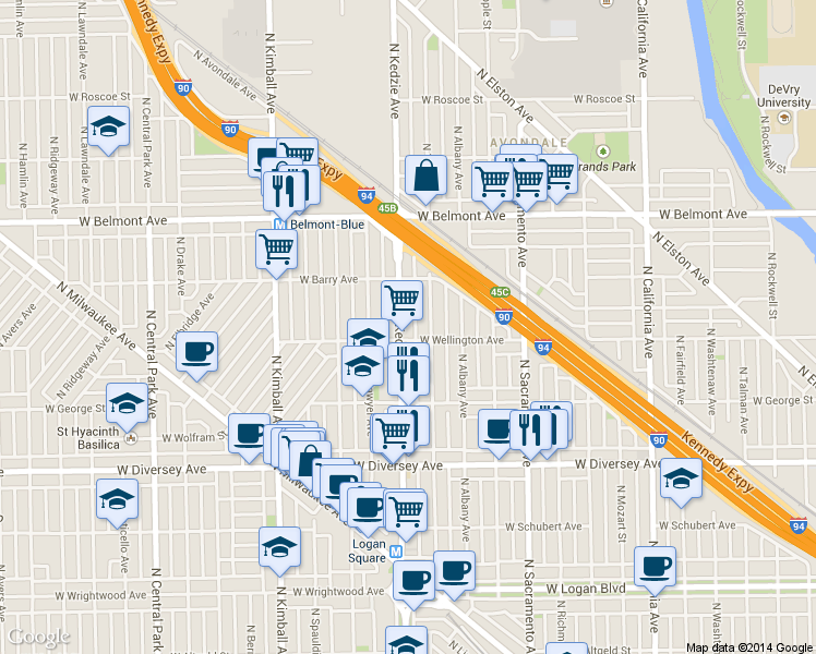 map of restaurants, bars, coffee shops, grocery stores, and more near 2954 North Troy Street in Chicago