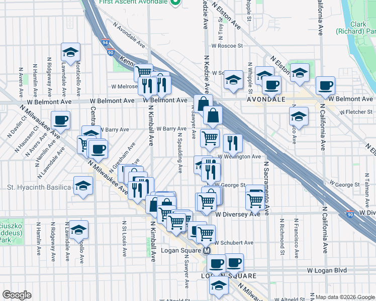map of restaurants, bars, coffee shops, grocery stores, and more near 2955 North Spaulding Avenue in Chicago