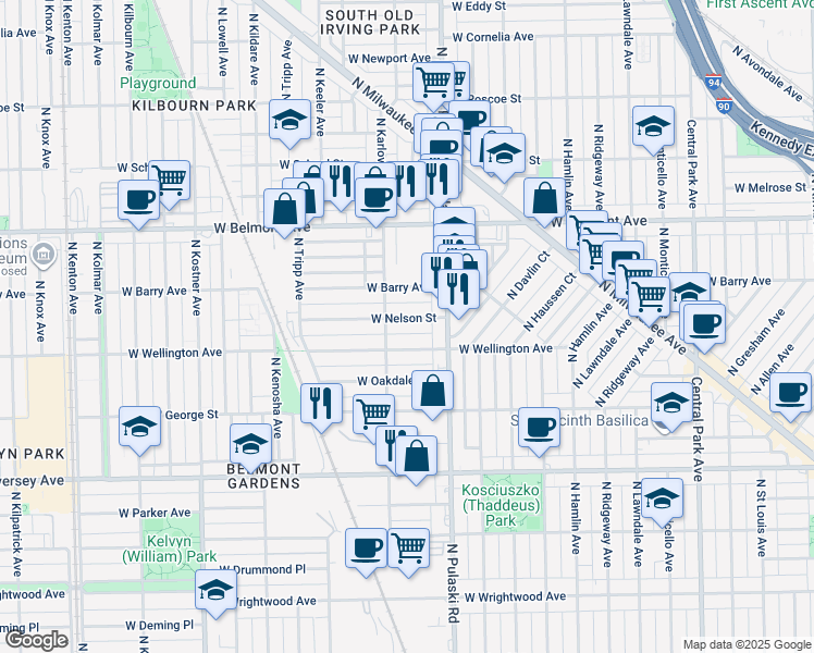 map of restaurants, bars, coffee shops, grocery stores, and more near 4048 West Wellington Avenue in Chicago