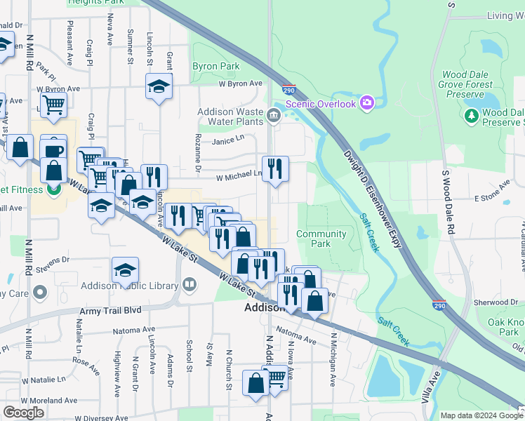 map of restaurants, bars, coffee shops, grocery stores, and more near in Addison