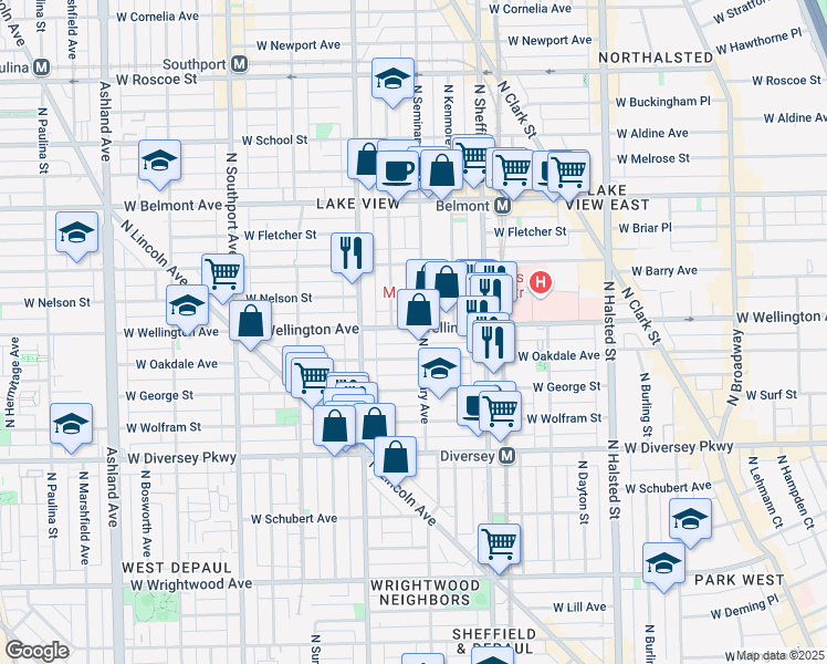 map of restaurants, bars, coffee shops, grocery stores, and more near 1103 West Wellington Avenue in Chicago
