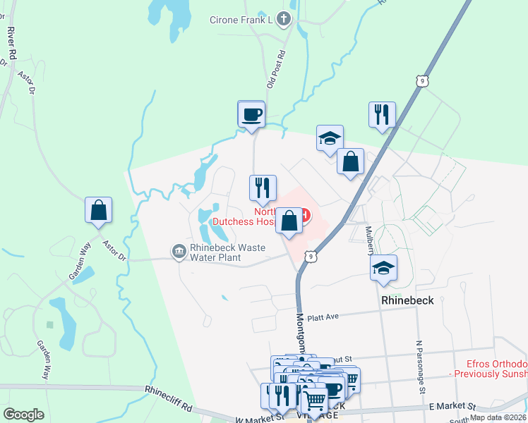 map of restaurants, bars, coffee shops, grocery stores, and more near 108 Montgomery Street in Rhinebeck