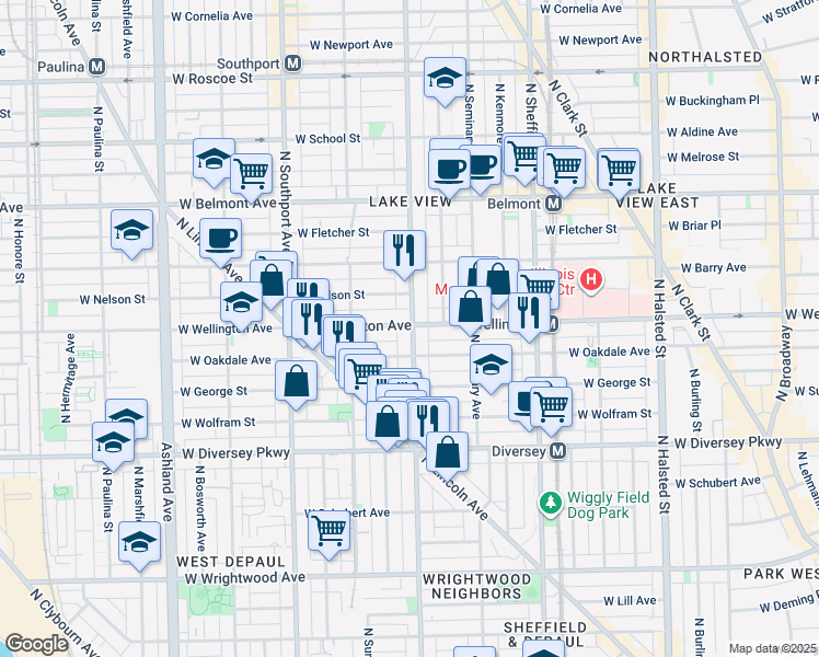 map of restaurants, bars, coffee shops, grocery stores, and more near 2939 North Racine Avenue in Chicago
