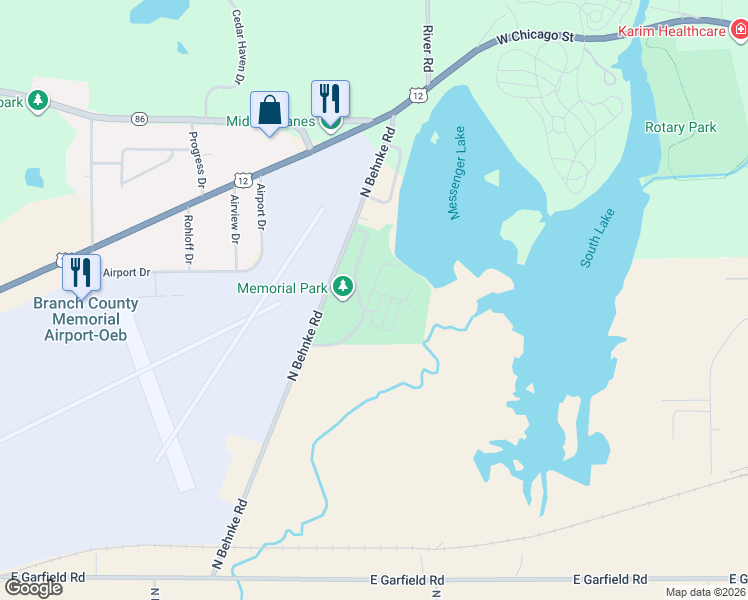 map of restaurants, bars, coffee shops, grocery stores, and more near 175 Memorial Park Drive in Coldwater