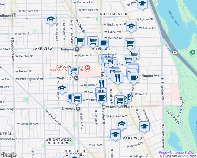 map of restaurants, bars, coffee shops, grocery stores, and more near 815 West Wellington Avenue in Chicago