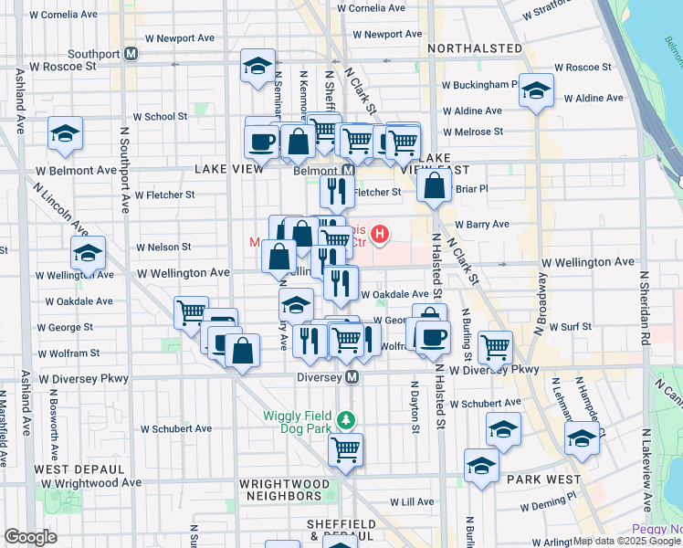 map of restaurants, bars, coffee shops, grocery stores, and more near 2937 North Sheffield Avenue in Chicago