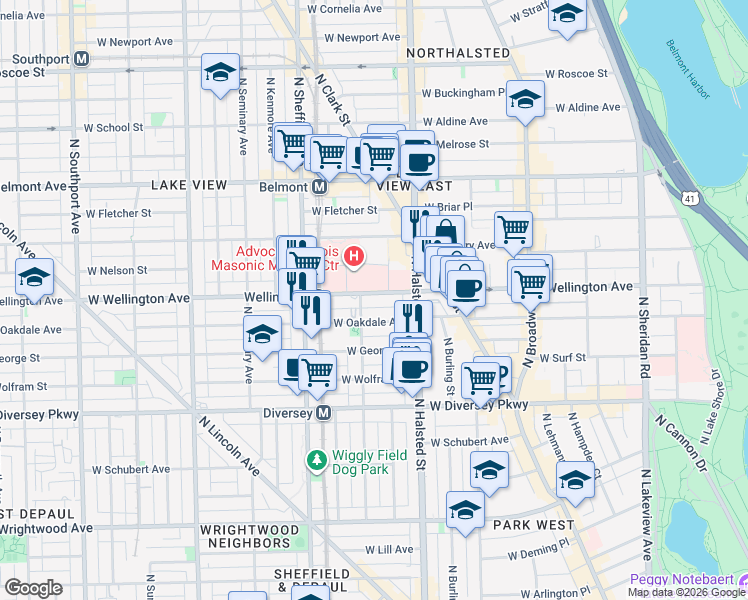 map of restaurants, bars, coffee shops, grocery stores, and more near 849 West Wellington Avenue in Chicago