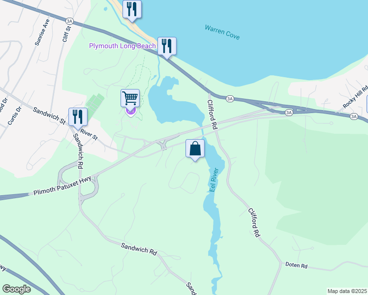 map of restaurants, bars, coffee shops, grocery stores, and more near 61 River Street in Plymouth