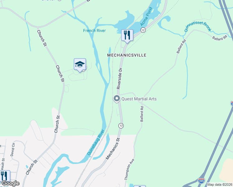 map of restaurants, bars, coffee shops, grocery stores, and more near 66 Riverside Drive in Thompson