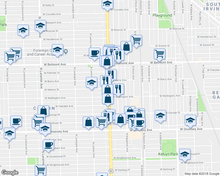 map of restaurants, bars, coffee shops, grocery stores, and more near 3035 North Cicero Avenue in Chicago