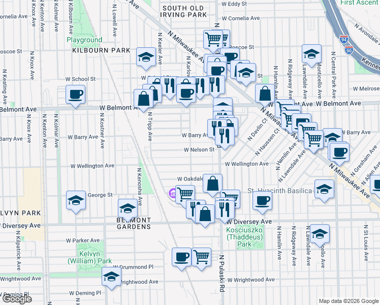 map of restaurants, bars, coffee shops, grocery stores, and more near 4103 West Nelson Street in Chicago