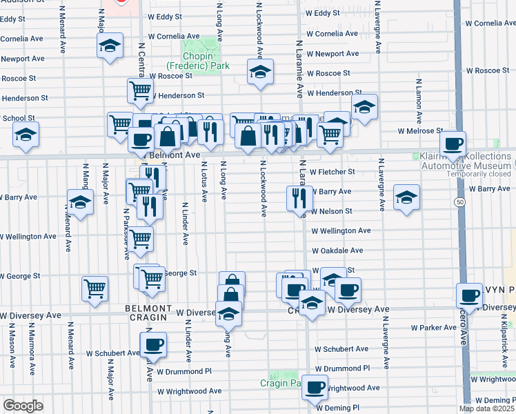 map of restaurants, bars, coffee shops, grocery stores, and more near 5500 North Lockwood Avenue in Chicago
