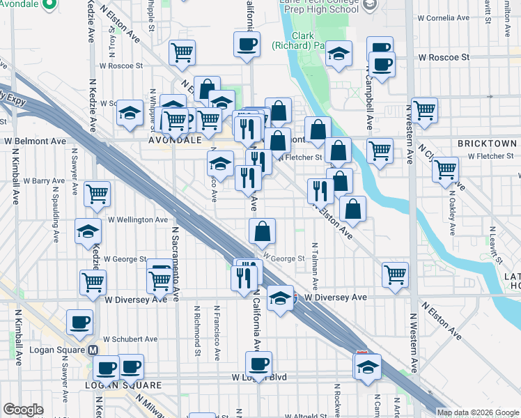 map of restaurants, bars, coffee shops, grocery stores, and more near 3013 North California Avenue in Chicago