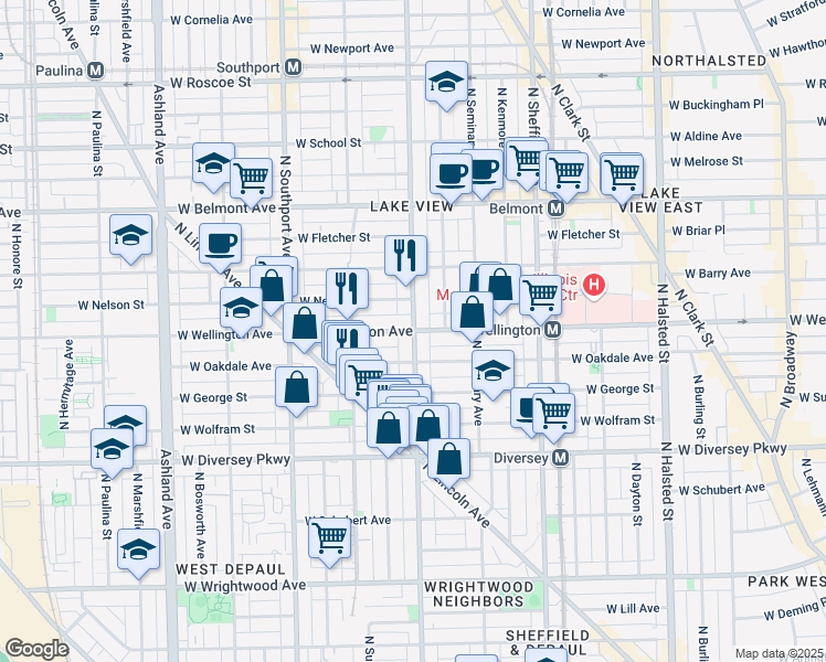 map of restaurants, bars, coffee shops, grocery stores, and more near N Racine Ave & W Wellington Ave in Chicago