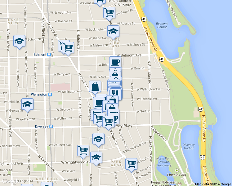 map of restaurants, bars, coffee shops, grocery stores, and more near 2941 North Broadway in Chicago