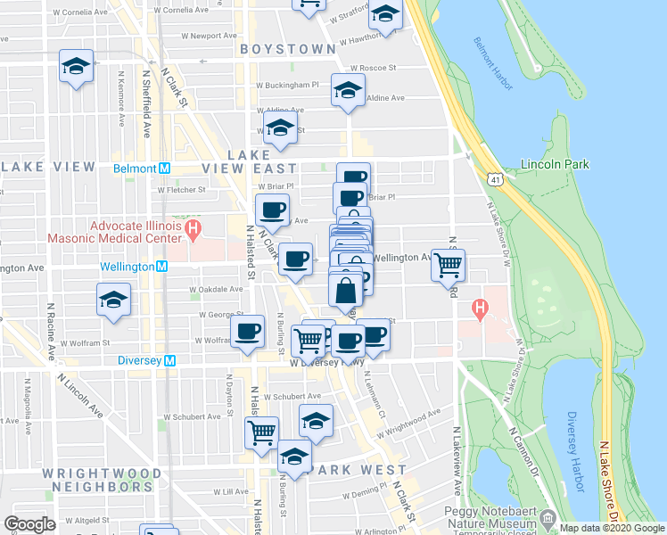 map of restaurants, bars, coffee shops, grocery stores, and more near 619 West Oakdale Avenue in Chicago