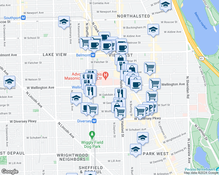 map of restaurants, bars, coffee shops, grocery stores, and more near 850 West Oakdale Avenue in Chicago