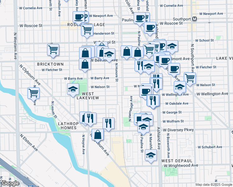 map of restaurants, bars, coffee shops, grocery stores, and more near 1838 West Oakdale Avenue in Chicago