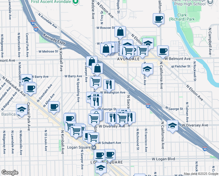 map of restaurants, bars, coffee shops, grocery stores, and more near 2959 North Albany Avenue in Chicago