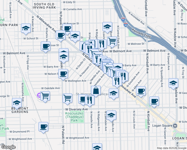 map of restaurants, bars, coffee shops, grocery stores, and more near 3011 North Hamlin Avenue in Chicago