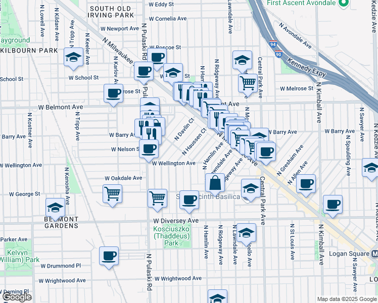 map of restaurants, bars, coffee shops, grocery stores, and more near 3011 North Avers Avenue in Chicago