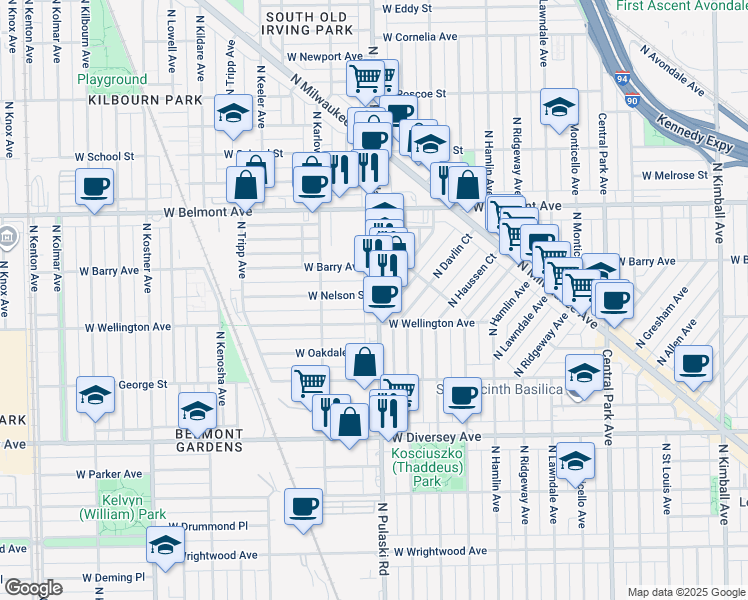 map of restaurants, bars, coffee shops, grocery stores, and more near 4008 West Wellington Avenue in Chicago