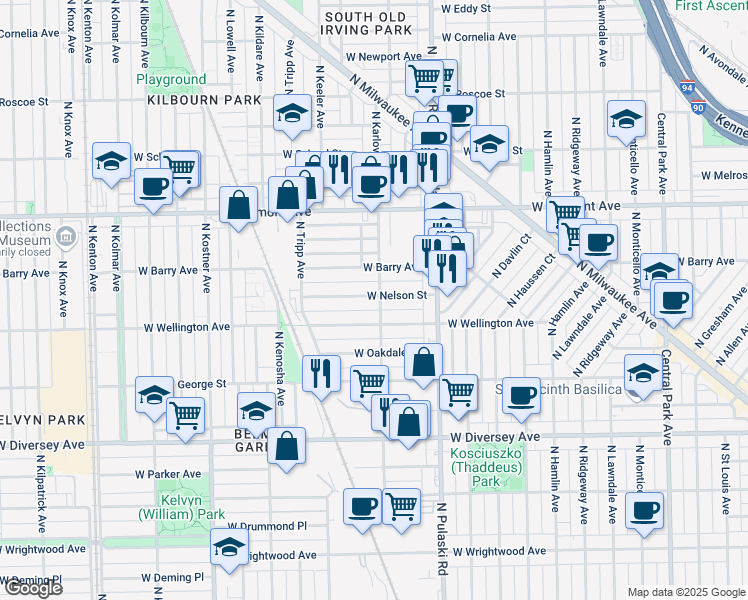 map of restaurants, bars, coffee shops, grocery stores, and more near 4124 West Wellington Avenue in Chicago