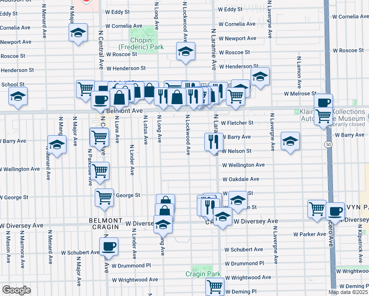 map of restaurants, bars, coffee shops, grocery stores, and more near 5500 North Lockwood Avenue in Chicago