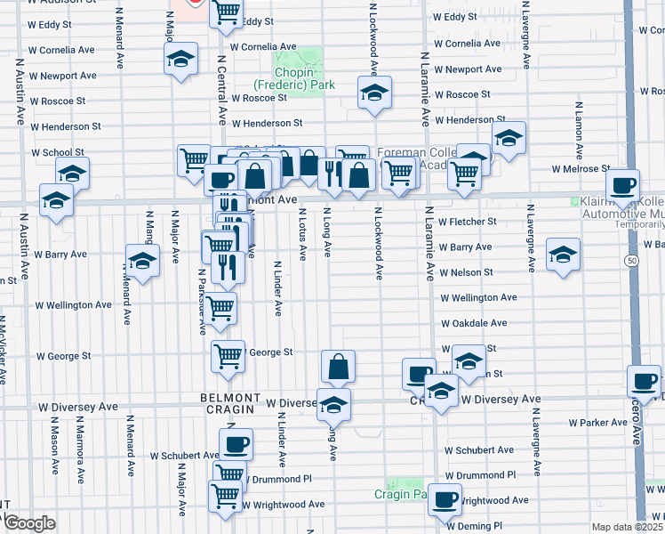 map of restaurants, bars, coffee shops, grocery stores, and more near 3016 North Long Avenue in Chicago