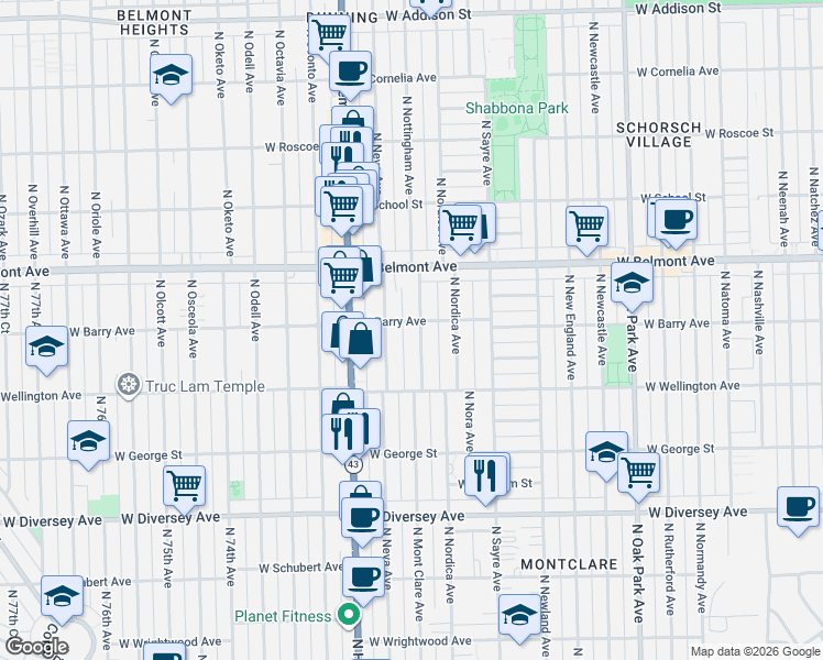 map of restaurants, bars, coffee shops, grocery stores, and more near 3034 North Nottingham Avenue in Chicago