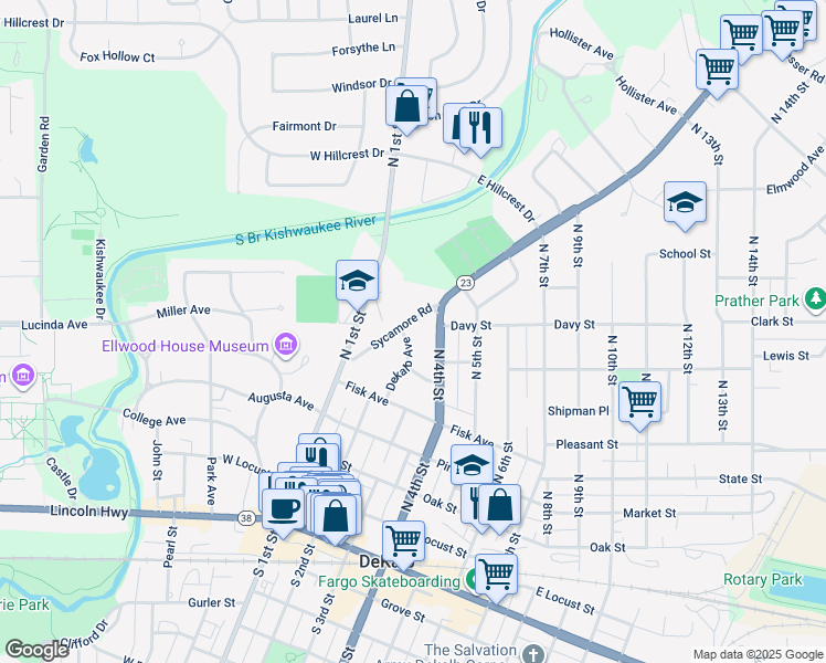 map of restaurants, bars, coffee shops, grocery stores, and more near 608 Dekalb Avenue in DeKalb