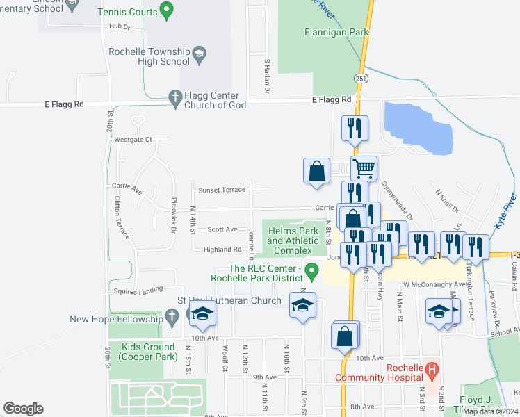 map of restaurants, bars, coffee shops, grocery stores, and more near 230 Joanne Lane in Rochelle