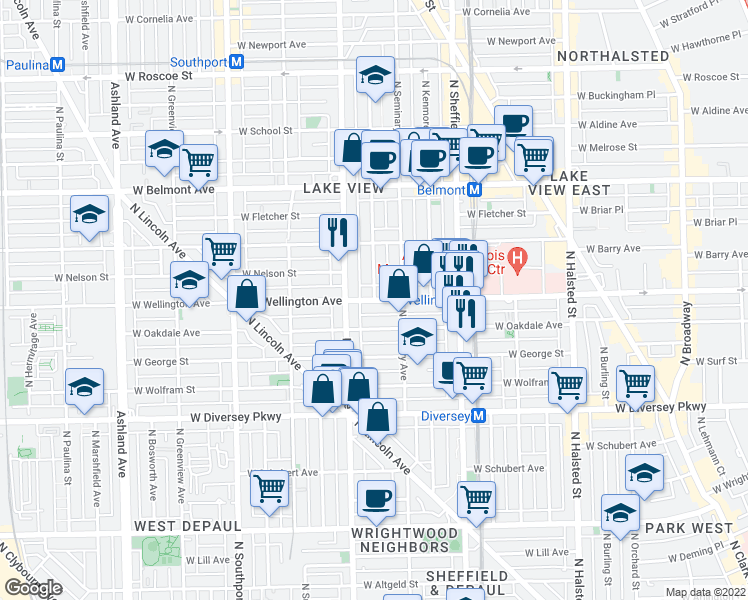 map of restaurants, bars, coffee shops, grocery stores, and more near W Wellington Ave & N Clifton Ave in Chicago