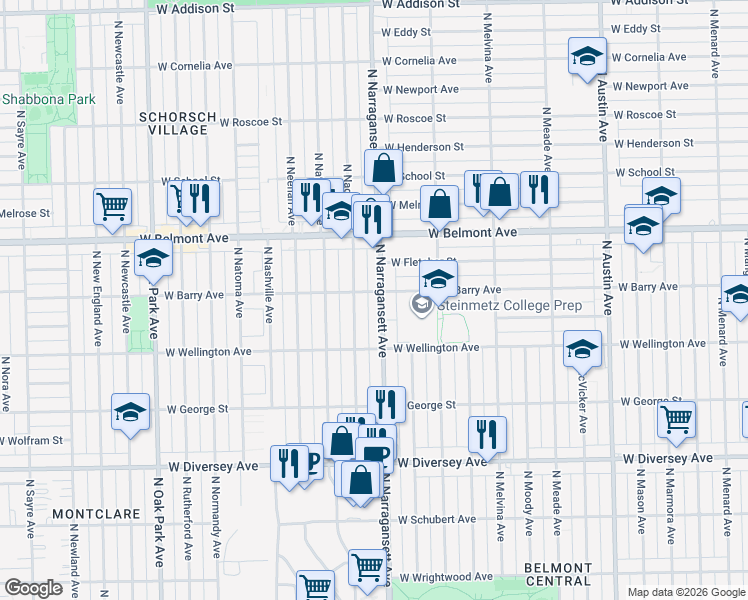 map of restaurants, bars, coffee shops, grocery stores, and more near 3028 North Narragansett Avenue in Chicago