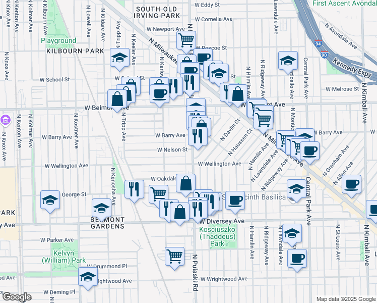 map of restaurants, bars, coffee shops, grocery stores, and more near 4005 West Nelson Street in Chicago