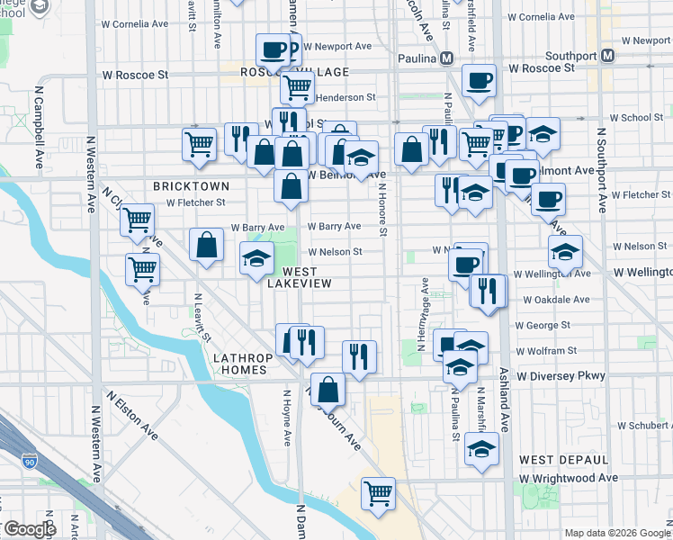 map of restaurants, bars, coffee shops, grocery stores, and more near 1916 West Oakdale Avenue in Chicago