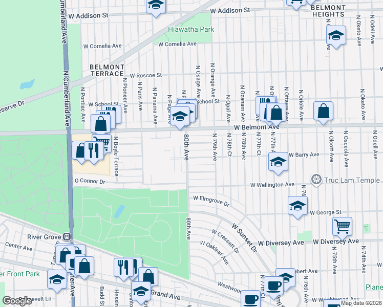map of restaurants, bars, coffee shops, grocery stores, and more near 7945 West Barry Avenue in Elmwood Park