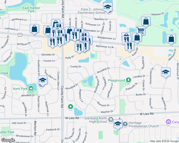 map of restaurants, bars, coffee shops, grocery stores, and more near 1200 Trinity Drive in Carol Stream