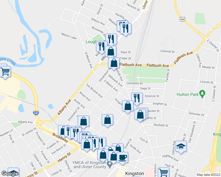 map of restaurants, bars, coffee shops, grocery stores, and more near 194 Downs Street in Kingston