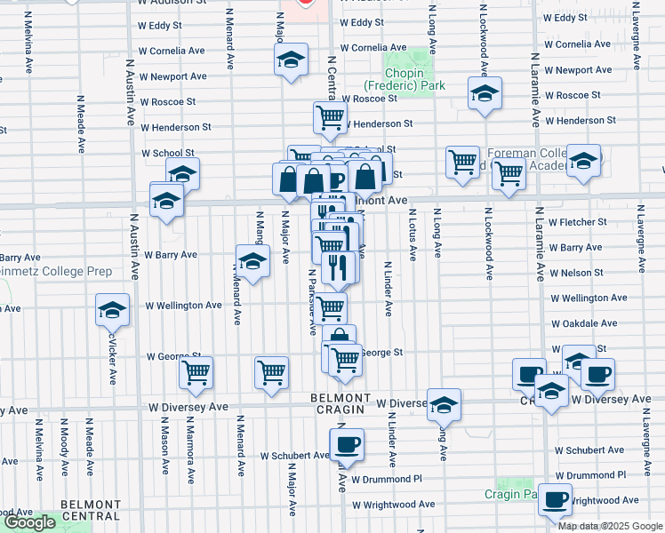 map of restaurants, bars, coffee shops, grocery stores, and more near 3042 North Central Avenue in Chicago