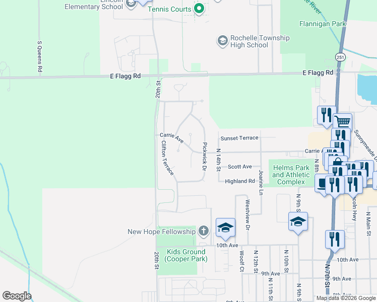 map of restaurants, bars, coffee shops, grocery stores, and more near 1117 McCall Court in Rochelle