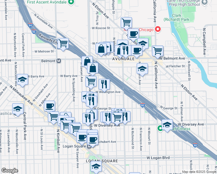 map of restaurants, bars, coffee shops, grocery stores, and more near 3017 North Albany Avenue in Chicago
