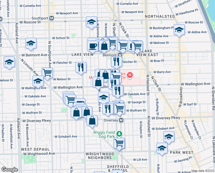 map of restaurants, bars, coffee shops, grocery stores, and more near West Wellington Avenue & North Kenmore Avenue in Chicago